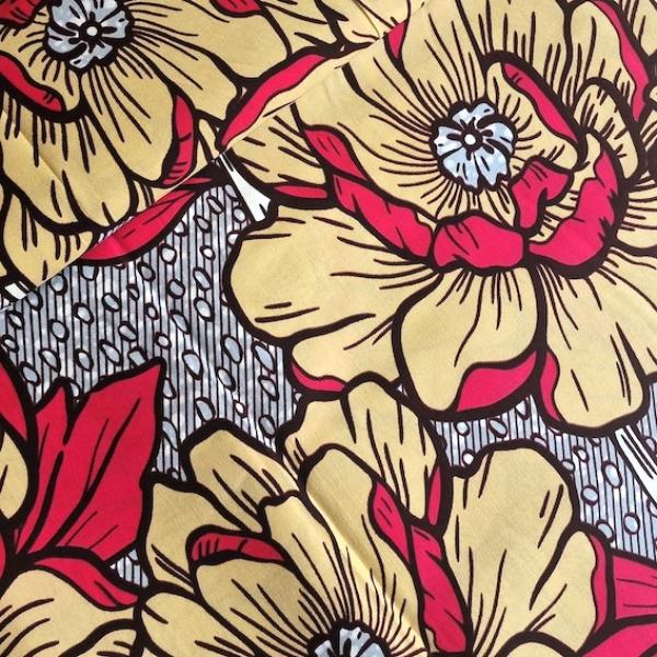 Afrikanischer Wax Print Stoff Baumwolle RED BEIGE FLOWERS