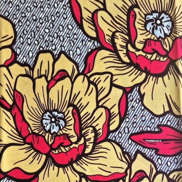 Afrikanischer Wax Print Stoff Baumwolle RED BEIGE FLOWERS