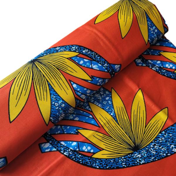 Wax Print Stoff Baumwolle rot gelb floral – Meterware afrikanisch Red Yellow Tropical Flower
