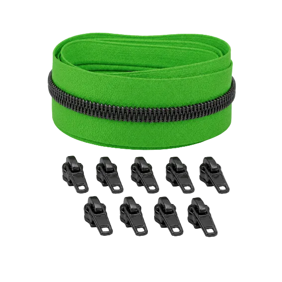 Reißverschluss & Zipper im Set – 3 Meter inkl. 9 Zipper (Gunmetal/Neongrün)