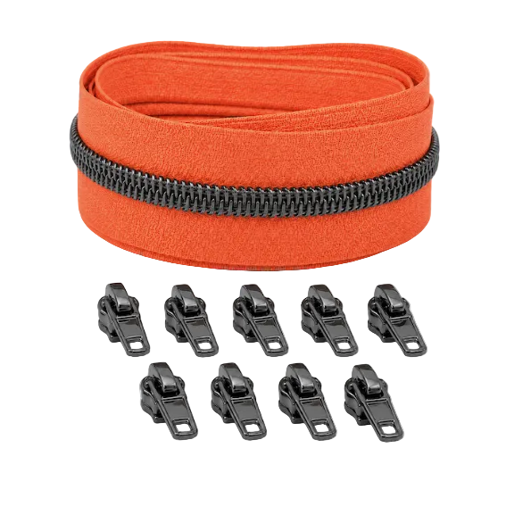 Reißverschluss & Zipper im Set – 3 Meter inkl. 9 Zipper (Gunmetal/Neonorange)