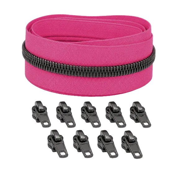 Reißverschluss & Zipper im Set – 3 Meter inkl. 9 Zipper (Gunmetal/Neonpink)