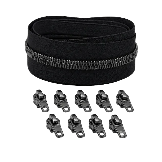 Reißverschluss & Zipper im Set – 3 Meter inkl. 9 Zipper (Gunmetal/Schwarz)