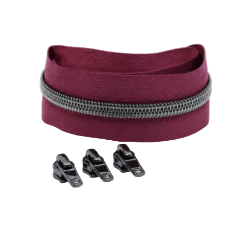 Reißverschluss & Zipper im Set – 1 Meter inkl. 3 Zipper – Gunmetal/Helle Beere