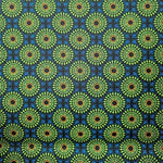 Original Shweshwe Stoff Disco Blue Circle in Limettengrün und Blau mit Kreismuster
