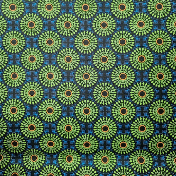 Original Shweshwe Stoff Disco Blue Circle in Limettengrün und Blau mit Kreismuster