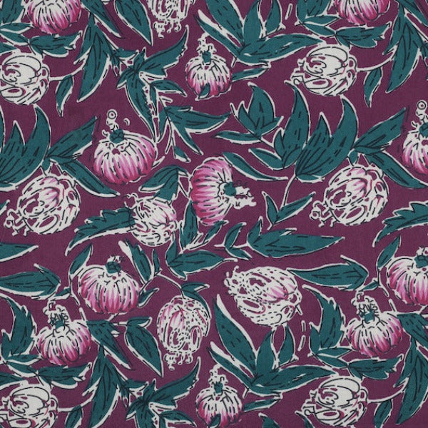 Stoff aus Indien "Hand Block Print Blumen Aubergine" - Baumwolle Meterware