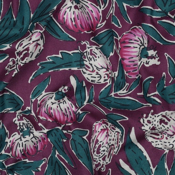 Stoff aus Indien "Hand Block Print Flowers Aubergine" - Baumwolle Meterware