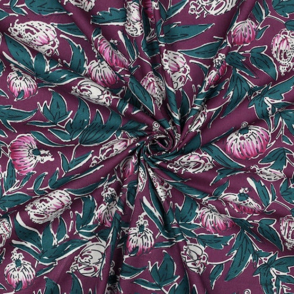 Stoff aus Indien "Hand Block Print Flowers Aubergine" - Baumwolle Meterware
