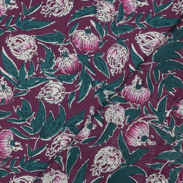 Stoff aus Indien "Hand Block Print Flowers Aubergine" - Baumwolle Meterware
