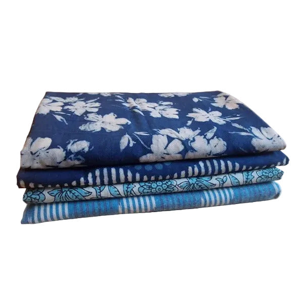 Indisches Surprise Stoffpaket in Blautönen mit Hand Block Print und Ikat aus 100 % Baumwolle