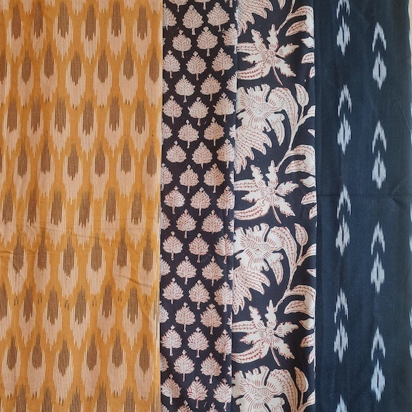 Vier indische Stoffdesigns im Surprise Paket Midnight Bloom mit floralen Block Prints und Ikat Mustern aus Baumwolle