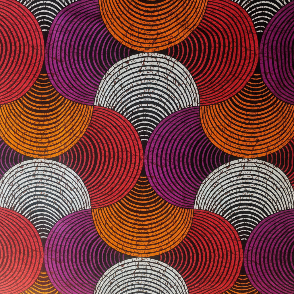 Afrikanischer Wax Print Stoff "Red Orange White Lila Circles" - Baumwolle Meterware