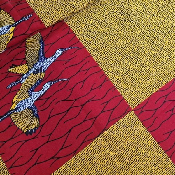 Wax Print Stoff Baumwolle rot gelb Vögel – Meterware afrikanisch Yellow Bird