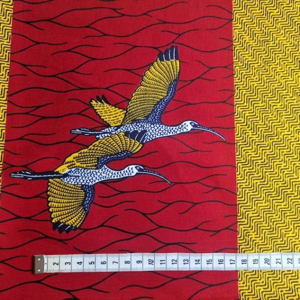 Wax Print Stoff Baumwolle rot gelb Vögel – Meterware afrikanisch Yellow Bird