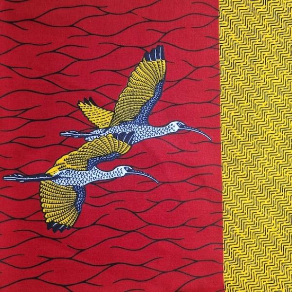 Wax Print Stoff Baumwolle rot gelb Vögel – Meterware afrikanisch Yellow Bird