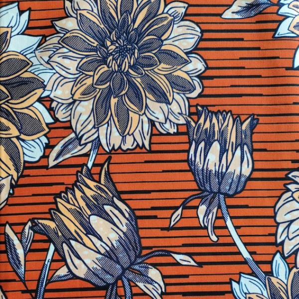 Wax Print Stoff Baumwolle gelb orange floral Blumenmuster – Meterware afrikanisch Yellow Dahlias