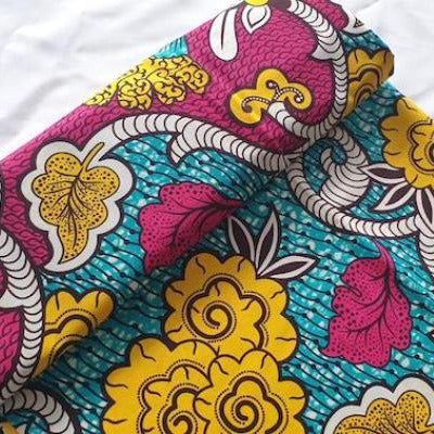 YELLOW PINK TROPICAL FLOWER Waxprint Stoff