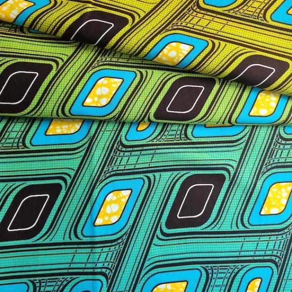 Wax Print Stoff Baumwolle gelb türkis gemustert – Meterware afrikanisch Yellow Turquoise Retro