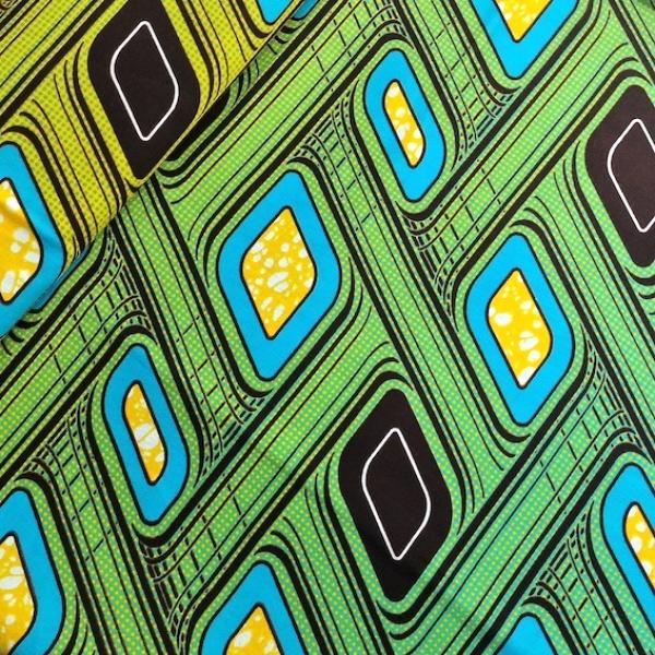 Wax Print Stoff Baumwolle gelb türkis gemustert – Meterware afrikanisch Yellow Turquoise Retro