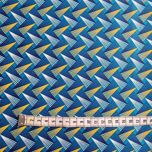 Türkisblauer Shweshwe Baumwollstoff mit geometrischen Fächern in Gelb und Weiss