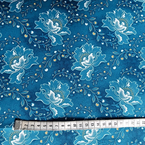 Original Shweshwe Stoff Yellow Turquoise Floral mit grossen Blüten und gelben Akzenten auf Türkis