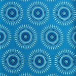 Original Shweshwe Stoff Yellow Turquoise Sun mit grossen Sonnenmotiven auf türkisblauem Hintergrund