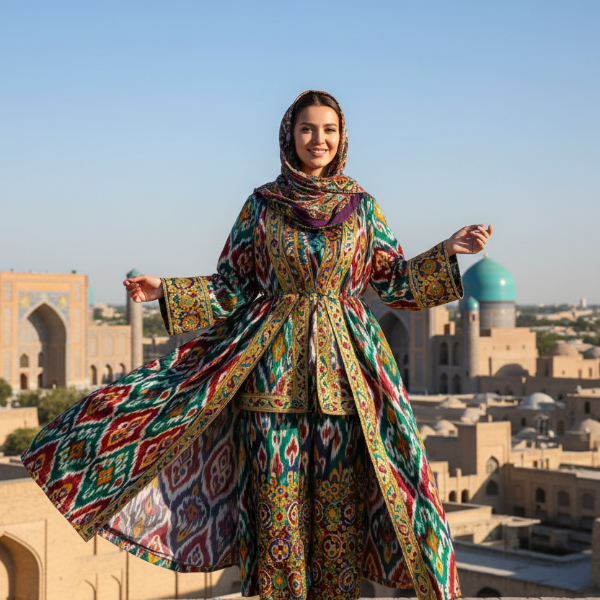 traditionelle usbekische kleidung frau samarkand im hintergrund