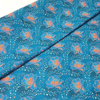 BLUE ORANGE FLOWER Afrikanischer-Shweshwe-Stoff-