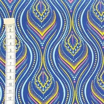 Preview: BLUE-YELLOW-FLAME-Afrikanischer-Shweshwe-Stoff