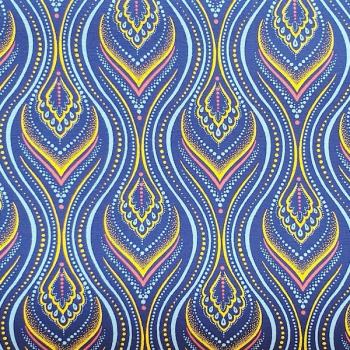 Preview: BLUE-YELLOW-FLAME-Afrikanischer-Shweshwe-Stoff